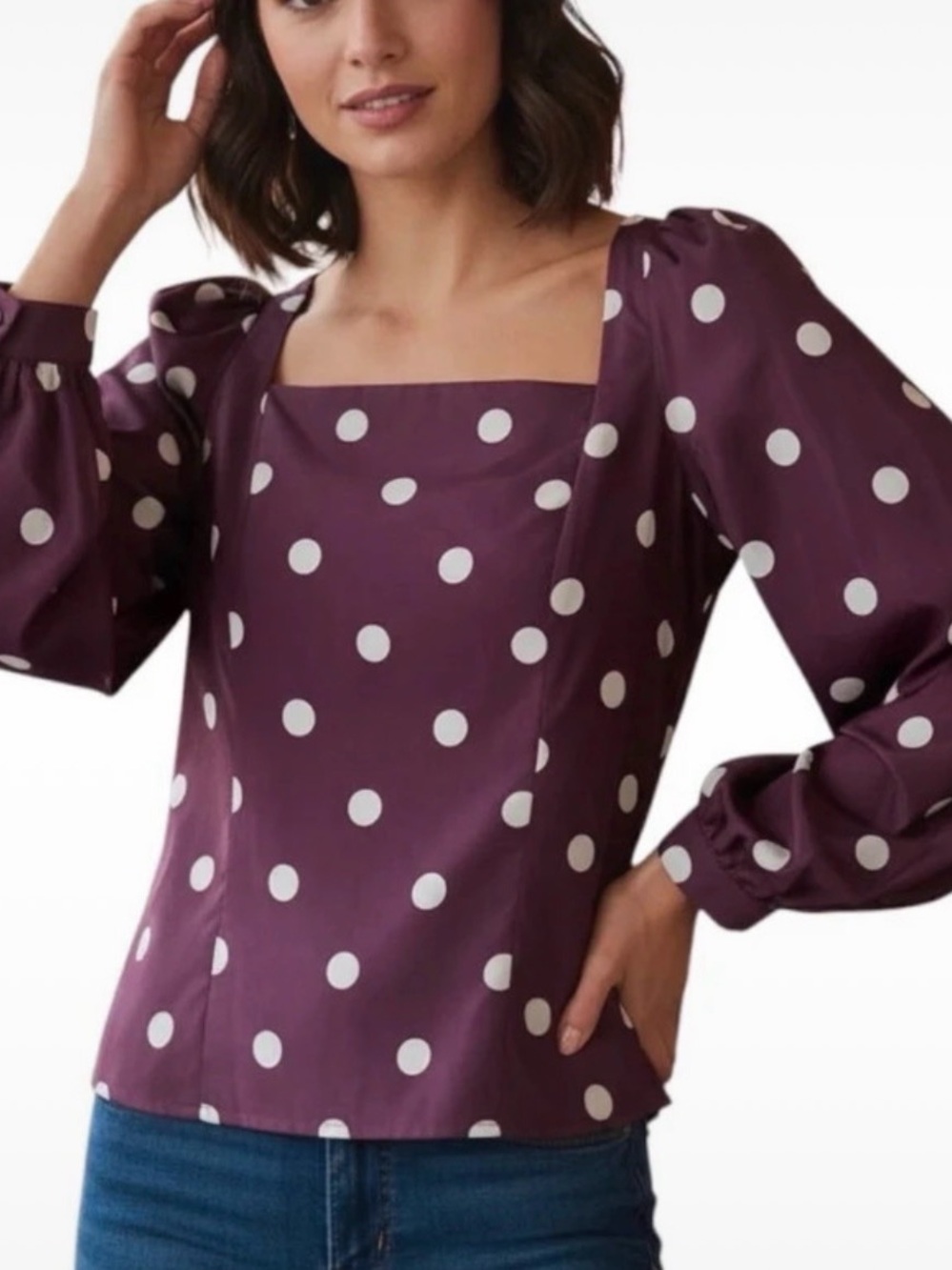 Zara Women's Purple Polkadot Puff Sleeve
Square Neck Taffeta Blouse Size M
